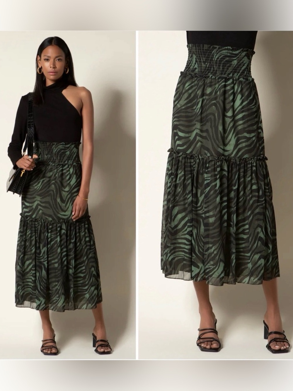 Tart Smocked Waist Green Zebra Print Midi Skirt S/M